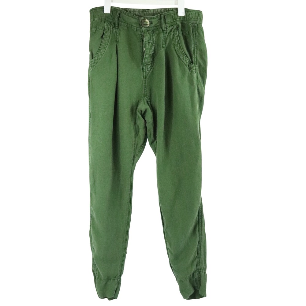 Free People Pants Green Linen Tencel Button Fly Tapered Jogger Womens Sz 2